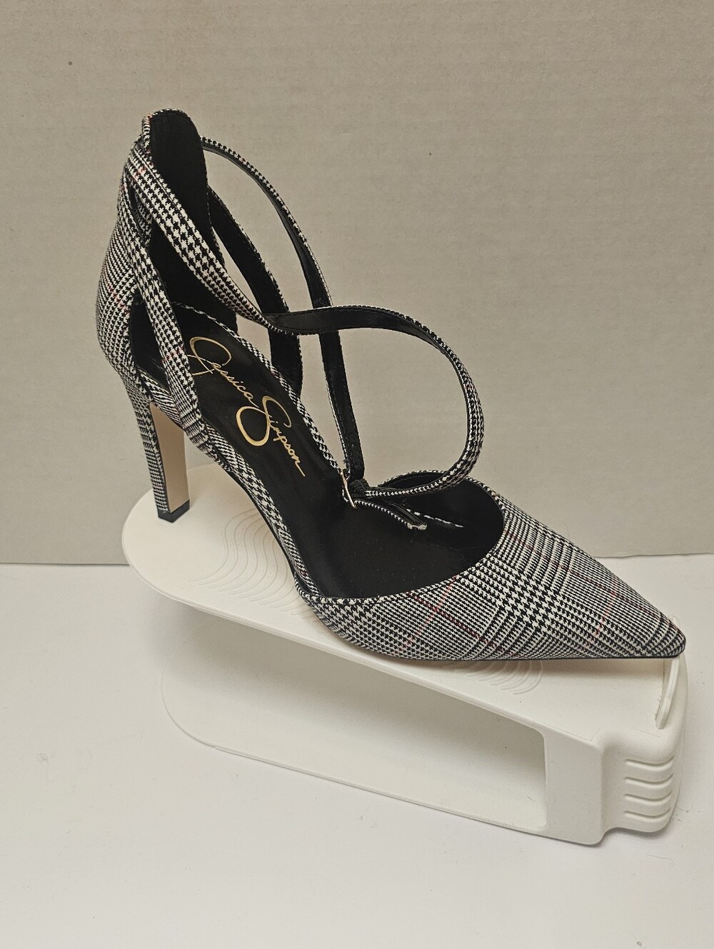 Jessica Simpson Black & White Plaid Pointed-Toe Strappy Pump with Cross Straps